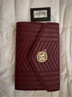 Burgundy Quilted Envelope Clutch with Gold Emblem - Bags